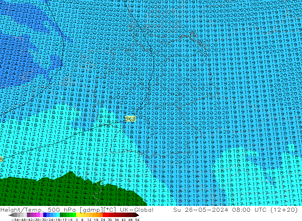 Height/Temp. 500 hPa UK-Global dom 26.05.2024 08 UTC