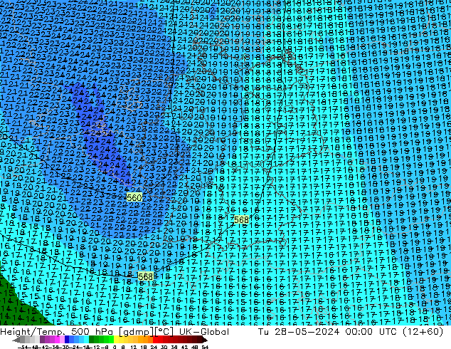Hoogte/Temp. 500 hPa UK-Global di 28.05.2024 00 UTC