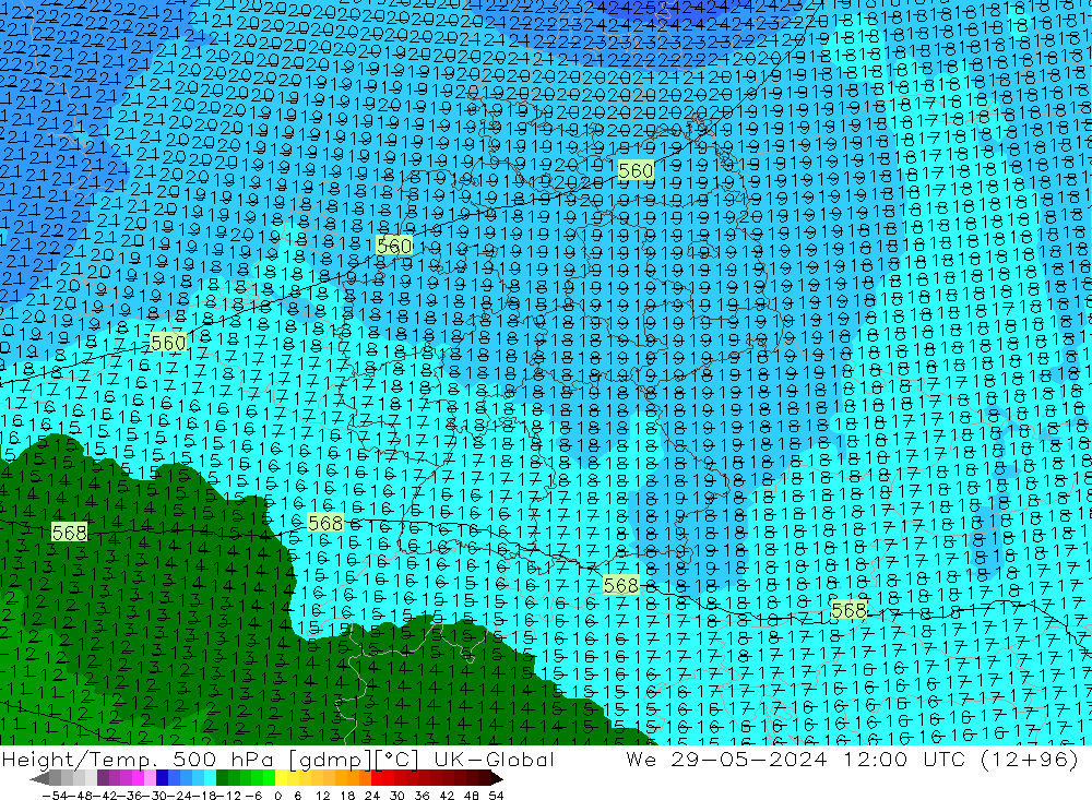 Yükseklik/Sıc. 500 hPa UK-Global Çar 29.05.2024 12 UTC