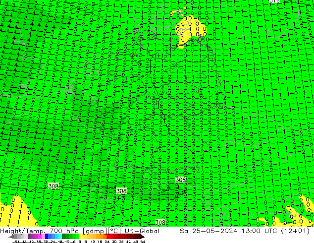 Geop./Temp. 700 hPa UK-Global sáb 25.05.2024 13 UTC