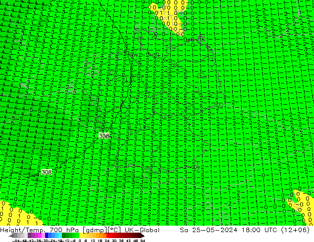 Height/Temp. 700 гПа UK-Global сб 25.05.2024 18 UTC