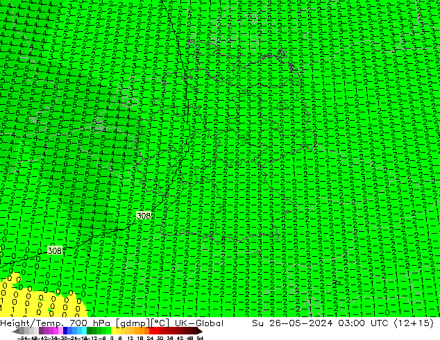 Hoogte/Temp. 700 hPa UK-Global zo 26.05.2024 03 UTC