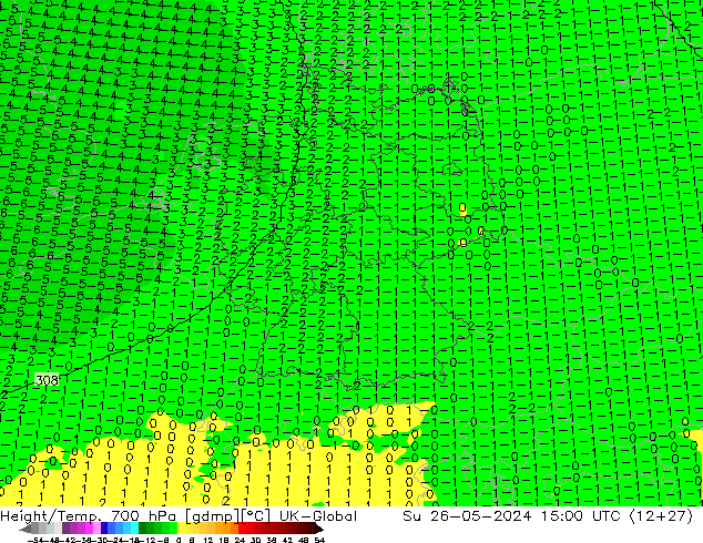 Height/Temp. 700 hPa UK-Global nie. 26.05.2024 15 UTC