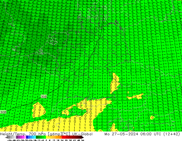 Height/Temp. 700 hPa UK-Global 星期一 27.05.2024 06 UTC