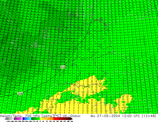 Height/Temp. 700 гПа UK-Global пн 27.05.2024 12 UTC