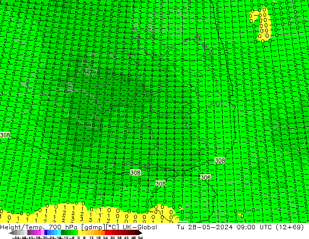 Height/Temp. 700 hPa UK-Global mar 28.05.2024 09 UTC