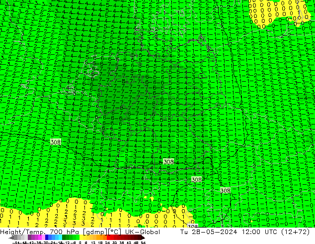 Height/Temp. 700 hPa UK-Global Tu 28.05.2024 12 UTC