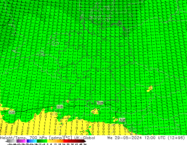 Hoogte/Temp. 700 hPa UK-Global wo 29.05.2024 12 UTC