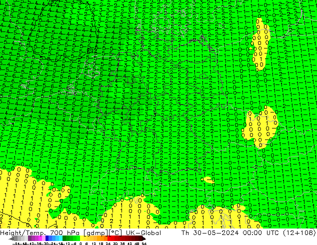 Height/Temp. 700 hPa UK-Global  30.05.2024 00 UTC