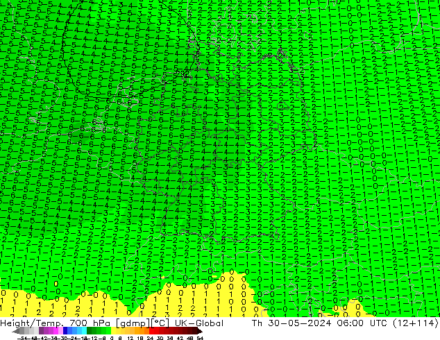 Height/Temp. 700 hPa UK-Global czw. 30.05.2024 06 UTC