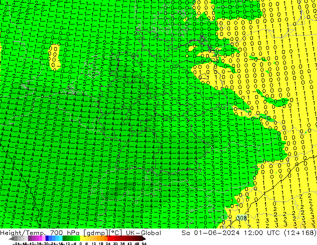 Géop./Temp. 700 hPa UK-Global sam 01.06.2024 12 UTC