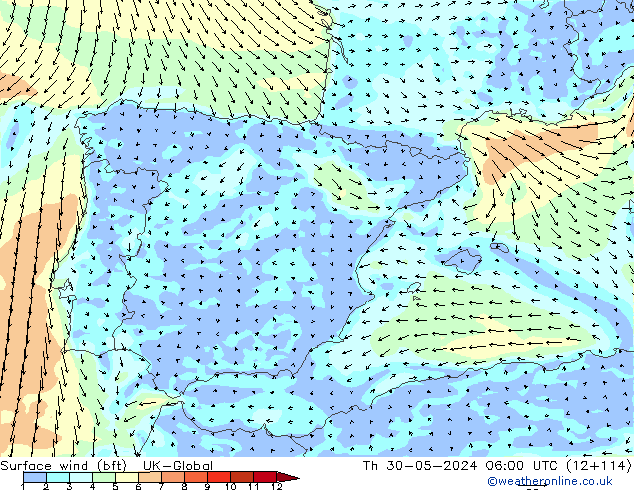Surface wind (bft) UK-Global Th 30.05.2024 06 UTC