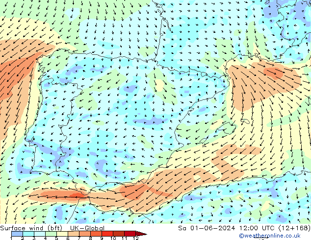Surface wind (bft) UK-Global Sa 01.06.2024 12 UTC