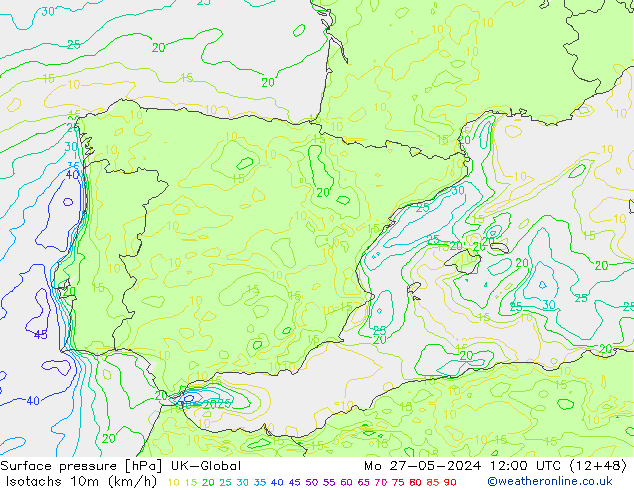 Isotachs (kph) UK-Global Mo 27.05.2024 12 UTC