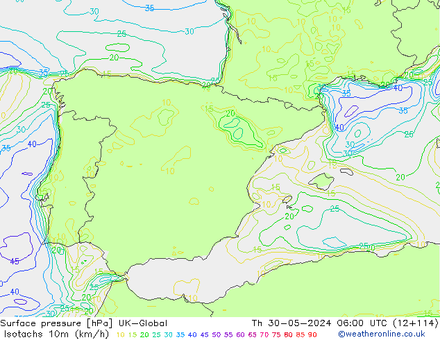 Eşrüzgar Hızları (km/sa) UK-Global Per 30.05.2024 06 UTC