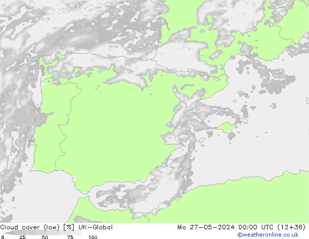 Cloud cover (low) UK-Global Mo 27.05.2024 00 UTC