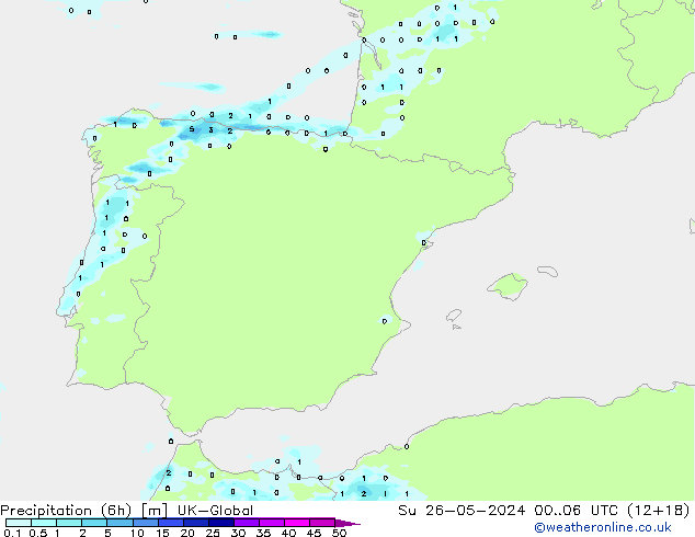 Precipitation (6h) UK-Global Su 26.05.2024 06 UTC