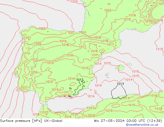 Pressione al suolo UK-Global lun 27.05.2024 03 UTC