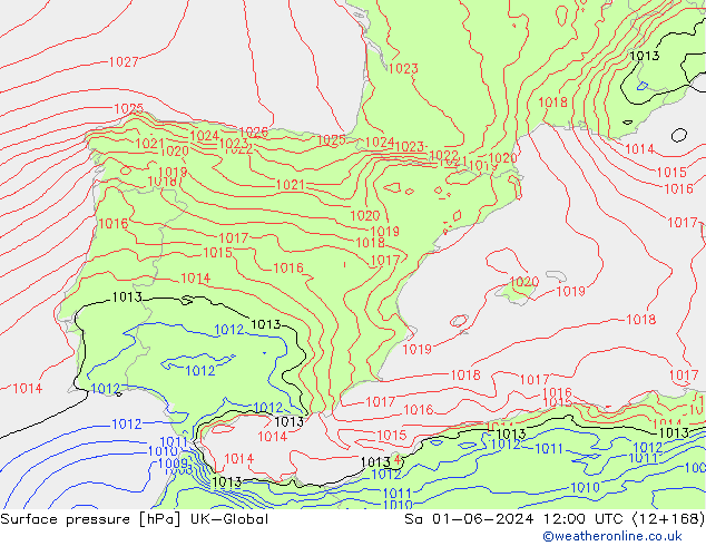 Pressione al suolo UK-Global sab 01.06.2024 12 UTC