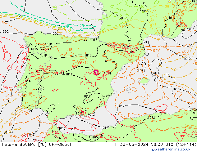 Theta-e 850hPa UK-Global Th 30.05.2024 06 UTC