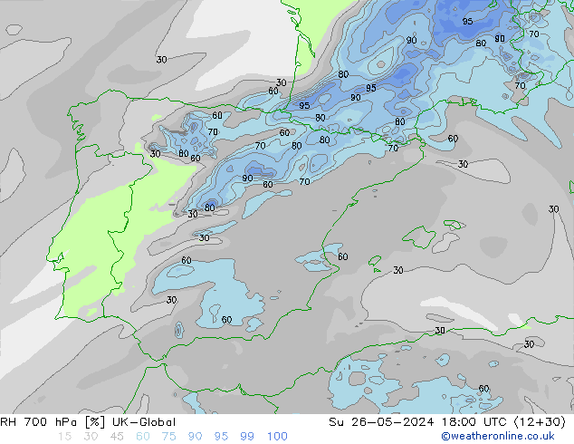 RH 700 hPa UK-Global Dom 26.05.2024 18 UTC