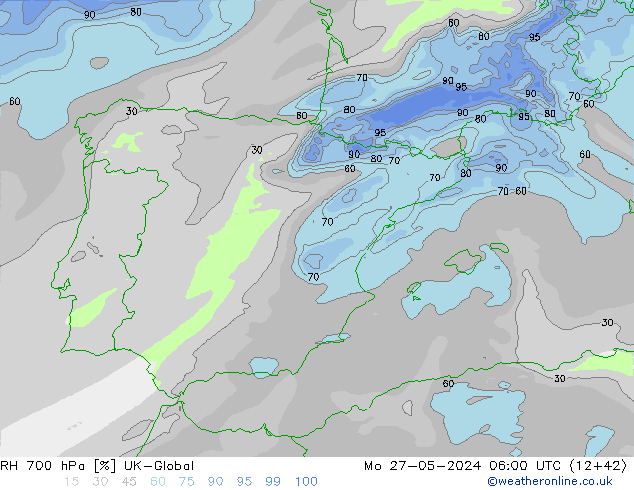 Humidité rel. 700 hPa UK-Global lun 27.05.2024 06 UTC