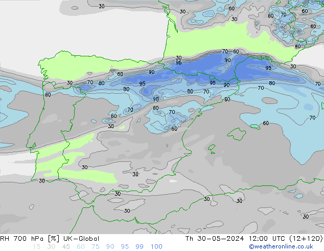 RH 700 гПа UK-Global чт 30.05.2024 12 UTC