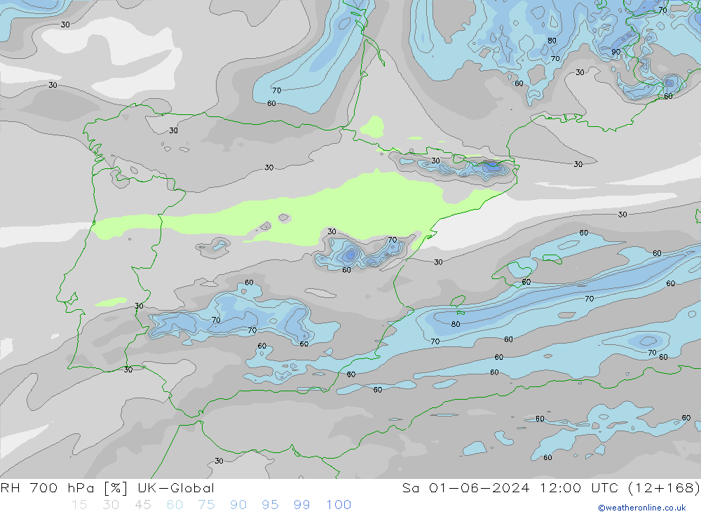 RH 700 hPa UK-Global Sáb 01.06.2024 12 UTC