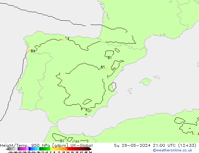 Height/Temp. 950 hPa UK-Global Su 26.05.2024 21 UTC