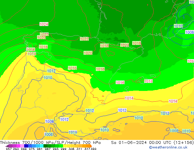 Espesor 700-1000 hPa UK-Global sáb 01.06.2024 00 UTC