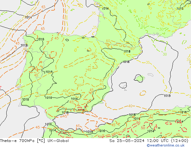Theta-e 700hPa UK-Global Sáb 25.05.2024 12 UTC