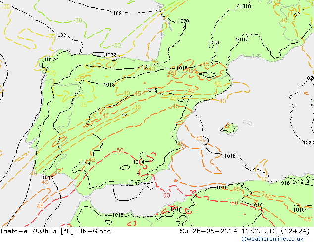 Theta-e 700hPa UK-Global Ne 26.05.2024 12 UTC