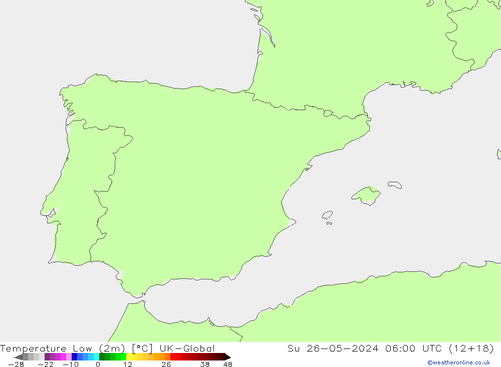Min.temperatuur (2m) UK-Global zo 26.05.2024 06 UTC