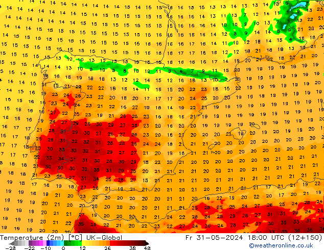 Temperature (2m) UK-Global Pá 31.05.2024 18 UTC