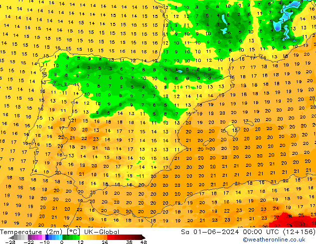 température (2m) UK-Global sam 01.06.2024 00 UTC