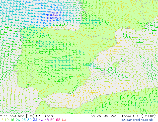 Vento 850 hPa UK-Global sab 25.05.2024 18 UTC