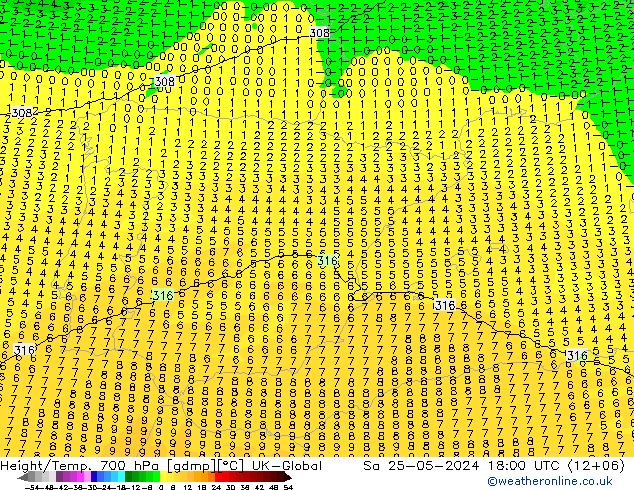 Height/Temp. 700 hPa UK-Global so. 25.05.2024 18 UTC