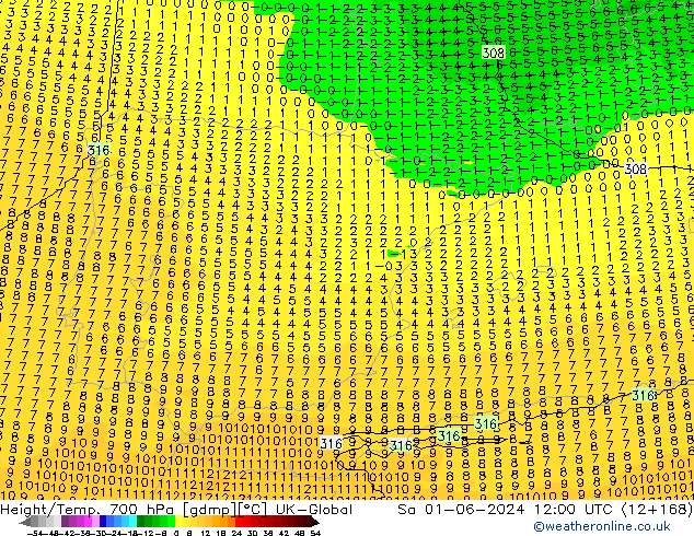 Height/Temp. 700 hPa UK-Global Sa 01.06.2024 12 UTC