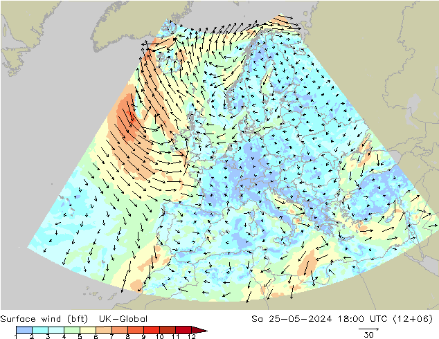 Viento 10 m (bft) UK-Global sáb 25.05.2024 18 UTC