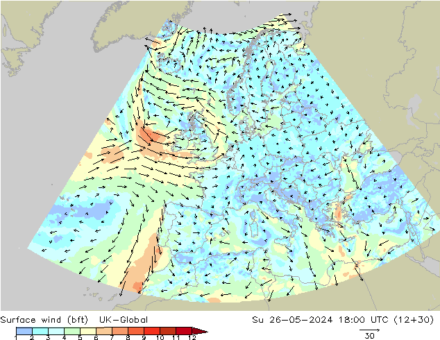 Surface wind (bft) UK-Global Su 26.05.2024 18 UTC