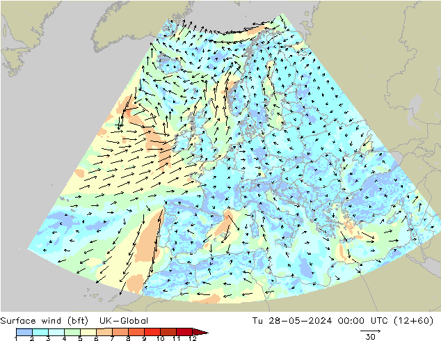 Vento 10 m (bft) UK-Global Ter 28.05.2024 00 UTC