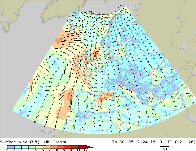 Surface wind (bft) UK-Global Čt 30.05.2024 18 UTC