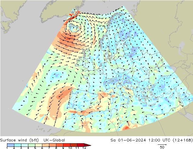 Surface wind (bft) UK-Global Sa 01.06.2024 12 UTC