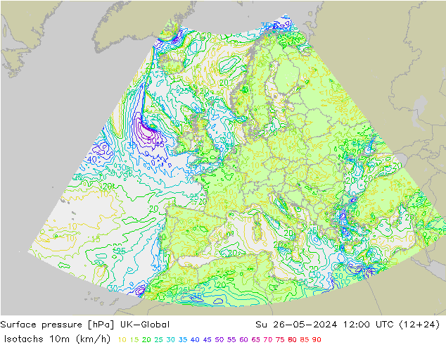 Isotachen (km/h) UK-Global zo 26.05.2024 12 UTC