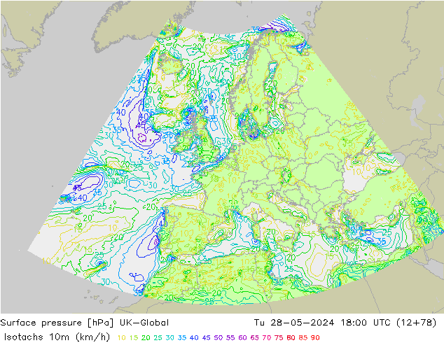 Isotaca (kph) UK-Global mar 28.05.2024 18 UTC