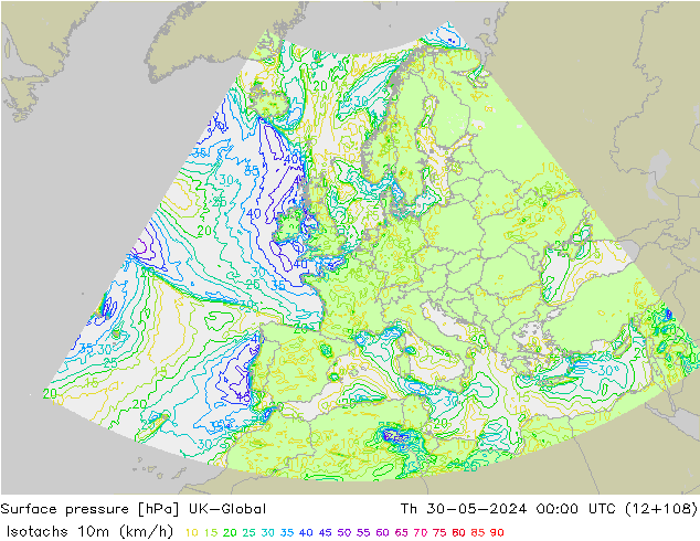 Isotaca (kph) UK-Global jue 30.05.2024 00 UTC