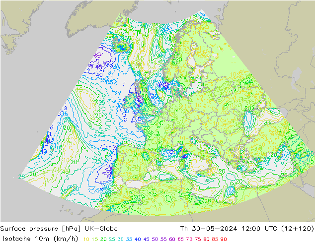 Isotachen (km/h) UK-Global Do 30.05.2024 12 UTC