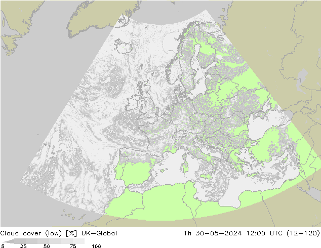 Cloud cover (low) UK-Global Th 30.05.2024 12 UTC