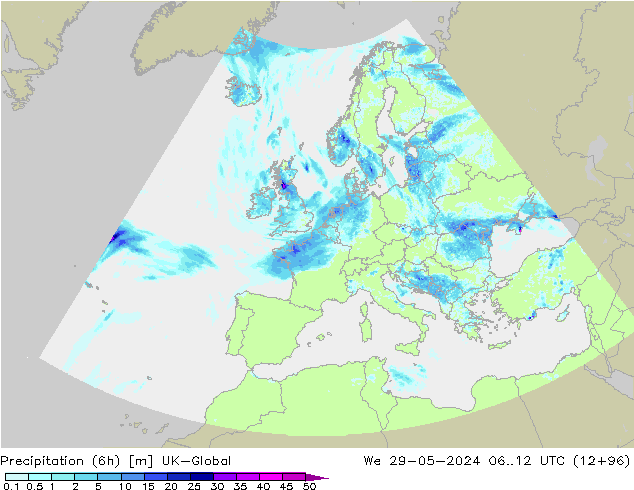 Precipitation (6h) UK-Global St 29.05.2024 12 UTC
