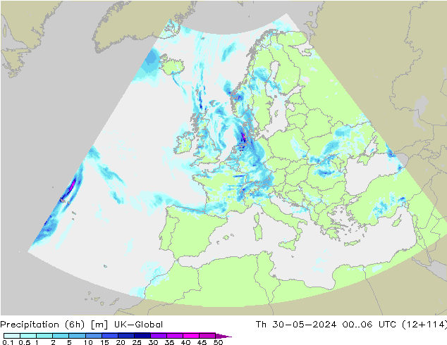 Totale neerslag (6h) UK-Global do 30.05.2024 06 UTC